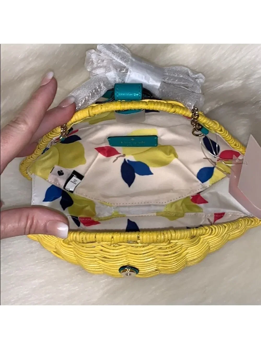 YELLOW AND GREEN KATE SPADE PICNIC PERFECT LEMON WICKER CROSSBODY BAG SUMMER